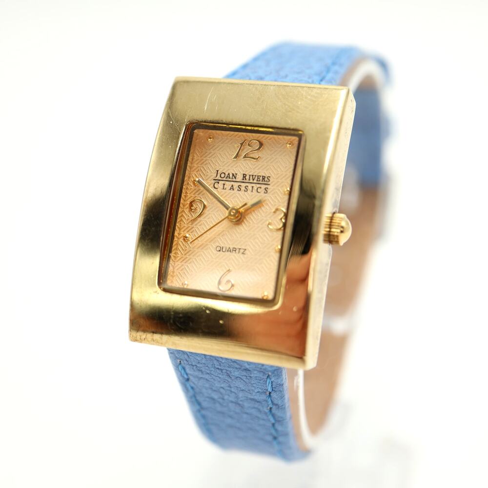 Joan Rivers Classics Gold Tone 22mm Tank Watch Blue Leather with New Battery